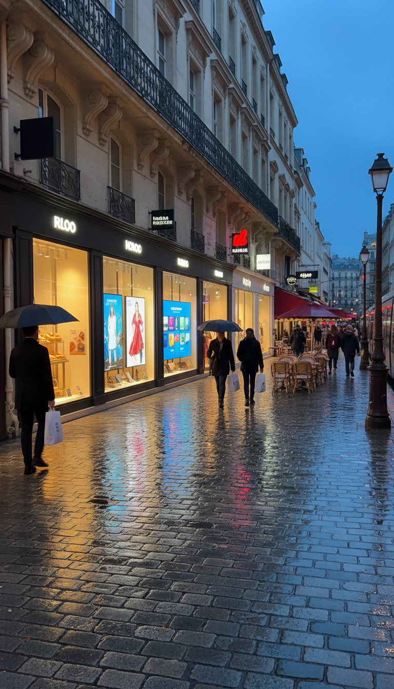 Rue commerçante en centre-ville français avec plusieurs vitrines de magasins alignées, chacune équipée de grands écrans digitaux affichant des campagnes publicitaires retail media, ambiance urbaine animée, style photo réaliste