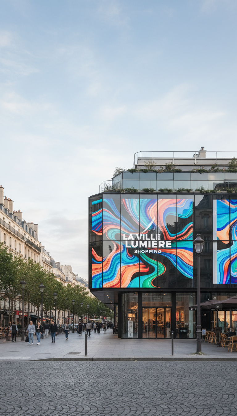 Centre-ville français avec galerie commerçante moderne, grandes baies vitrées intégrant plusieurs écrans digitaux synchronisés, affichant une campagne publicitaire colorée, ciel bleu doux, piétons en arrière-plan, style photo réaliste