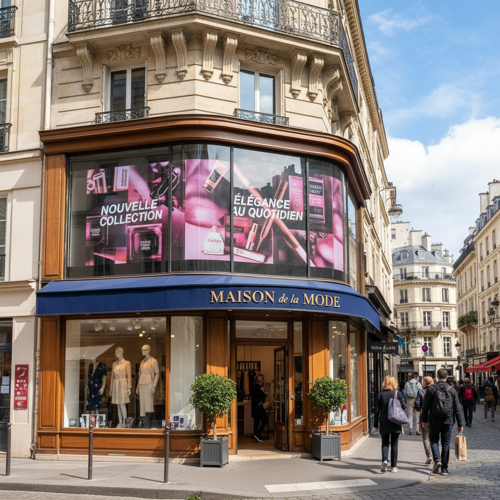 Façade de boutique de centre-ville en France avec grand écran en vitrine diffusant une publicité retail media, cadrage carré, ambiance journée, photo réaliste